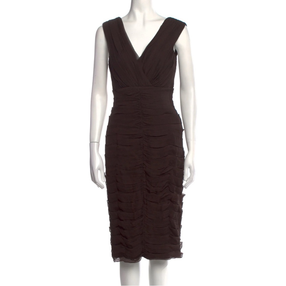 Tadashi Shoji Silk Tiered Ruffle Knee Length Sheath Dress Brown Formal Cocktail